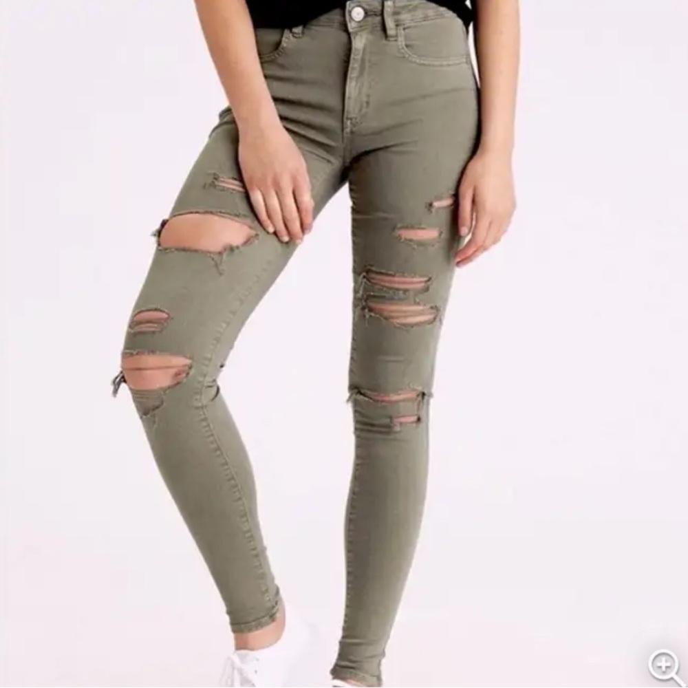 American Eagle AE Olive Green Distressed Super Stretched Ripped Skinny Jeans